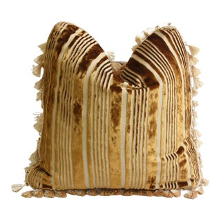French Designer Tan/Gold Velvet Stripe Feather/Down Pillow W/ Fancy Cord & Trim 23” Square For Sale