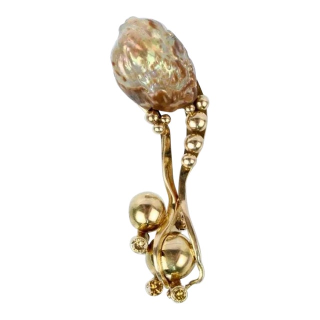 Modernist Biomorphic 14K Gold Yellow Diamond & Baroque Pearl Brooch or Pin For Sale