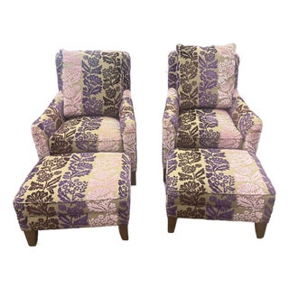Pair of Vintage Standford Furniture Company Maximalist Purple Velvet Floral Club Chairs and Ottomans For Sale