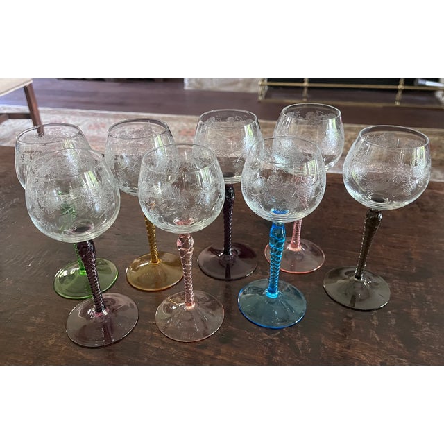 1960s Mid-Century Modern Etched Grapevine Rhine Wine Glasses - Set of 8 Harlequin For Sale - Image 9 of 17