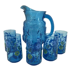 Vintage Rainflower Laser Blue by Anchor Hocking Pitcher With Painted Blue 5 Tea Tumbler Glasses Daisy Paisley Design- 5 Pieces
