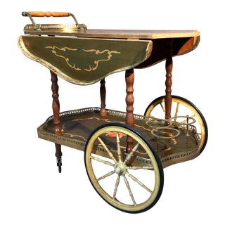 1950s French Marquetry Rosewood and Brass Drop Leave Bar Cart For Sale