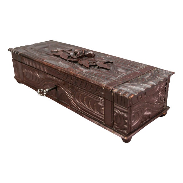 Antique Swiss Black Forest Dark Brown Carved Wood Glove Box, Ca. 1900s For Sale