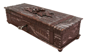 Antique Swiss Black Forest Dark Brown Carved Wood Glove Box, Ca. 1900s