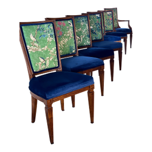 Set of 8 John Stuart Mid-Century Dining Chairs – Hollywood Regency Newly Upholstered in Thibaut Designer Fabric With a Rich Navy Velour on the Seats.