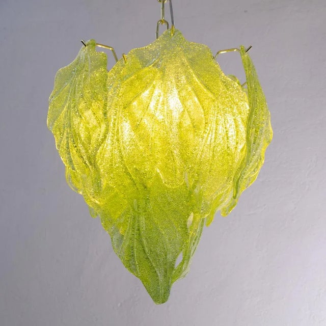 Metal Light Green Suspension Chandelier with Murano Glass Leaves, Italy, 1990s For Sale - Image 7 of 10