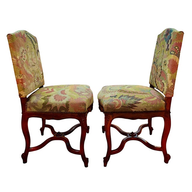 French Pair of Antique Louis XIV Style, Needlepoint-Upholstered Side Chairs For Sale - Image 3 of 18