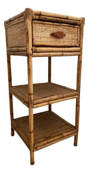 1980s Vintage Bamboo & Wicker Side Table With Drawer