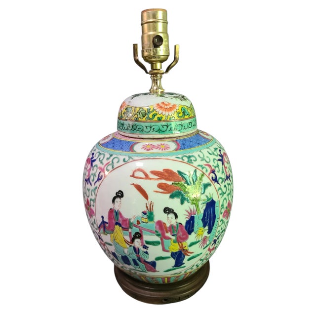 Vintage Asian Figural Famille Rose Ginger Jar Table Lamp For Sale - Image 9 of 12