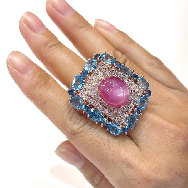 Bochic “Orient” Vintage Ruby & Multi Sapphire Cocktail Ring Set In 18K Gold & Silver For Sale - Image 11 of 13