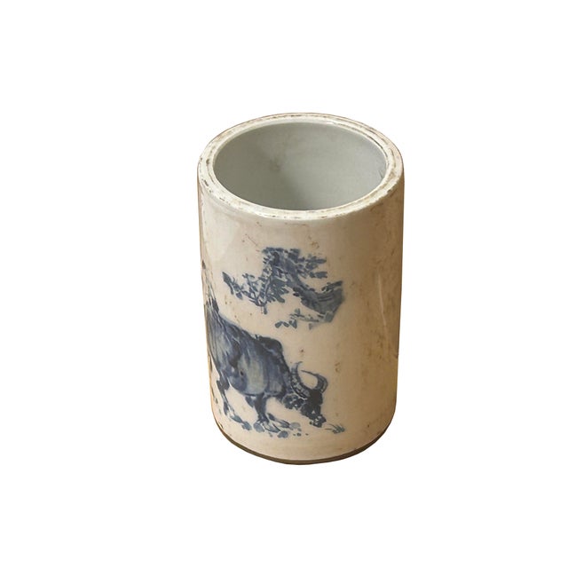 1980s Chinese Distressed White Porcelain Blue Kids Cow Graphic Holder Vase For Sale - Image 5 of 10