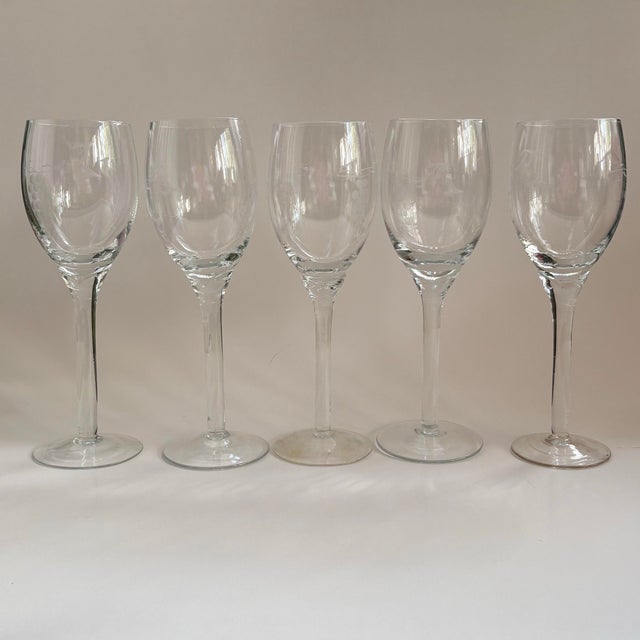 Vintage Handmade Etched Grapevine Tulip-Stem Wine Glasses – Set of 5 For Sale - Image 9 of 11