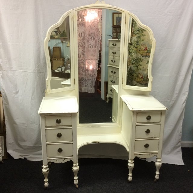 Depression Era TriFold Mirrored Vanity Dresser Painted Walnut Wood