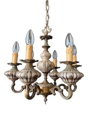 Antique Ceramic and Brass Chandelier, 1960s