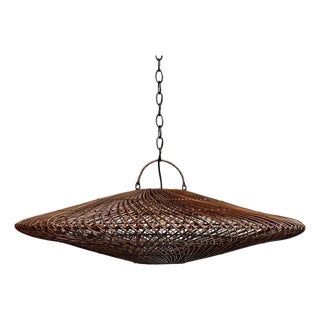 Modern Coffee Stain Wicker Discus Pendant Light Medium For Sale