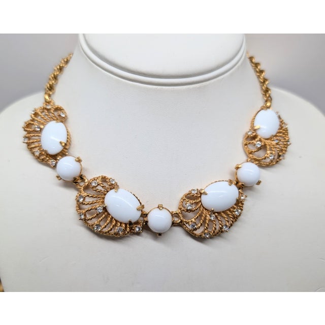 Hattie Carnegie Vintage 1960s Signed Hattie Carnegie Goldtone White Cabochon Rhinestone Necklace For Sale - Image 4 of 8