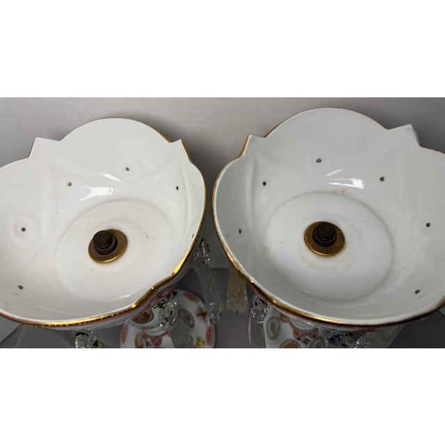 Vintage Occupied Japan Porcelain Mantle Lustre Lamp Bases W/ Crystal Spear Prisms - Pair For Sale In Panama City, FL - Image 6 of 10