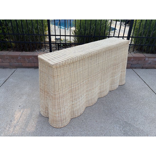 Wicker Rattan Scalloped Console Table in the Palm Beach Style For Sale In South Bend - Image 6 of 12