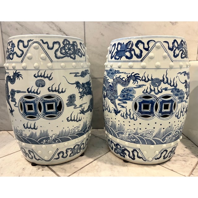 Mid 20th Century Blue & White Chinese Dragon Garden Stool Side Tables - A Pair For Sale - Image 4 of 15