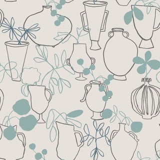 Sample - Flower Vases Wallpaper by Susan Hable in Periwinkle / Taupe For Sale