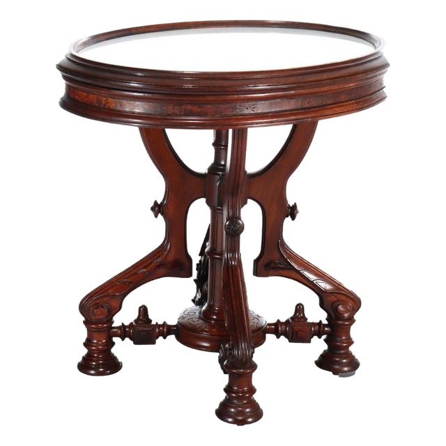 Brooks (Attr) Renaissance Revival Chip Carved Walnut & Burl Center Table C1890 For Sale