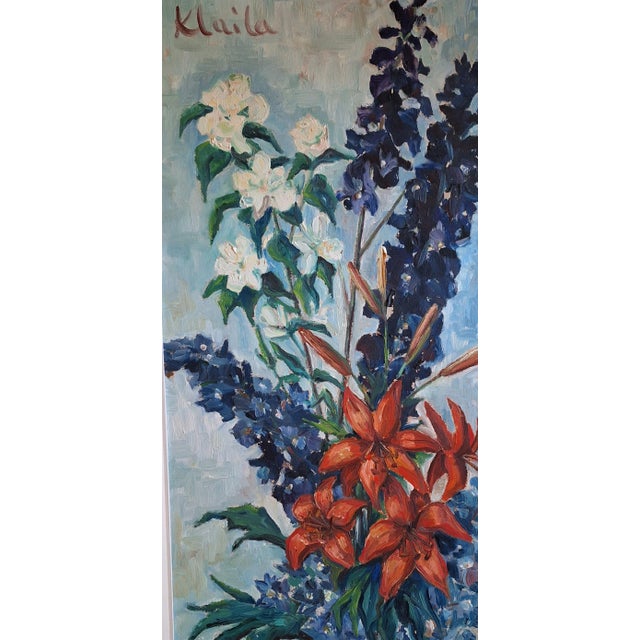 1970s Klaila, Floral Still Life with Delphiniums, Lilies and Mallow, 1970s, Oil Painting on Chipboard, Framed For Sale - Image 5 of 5