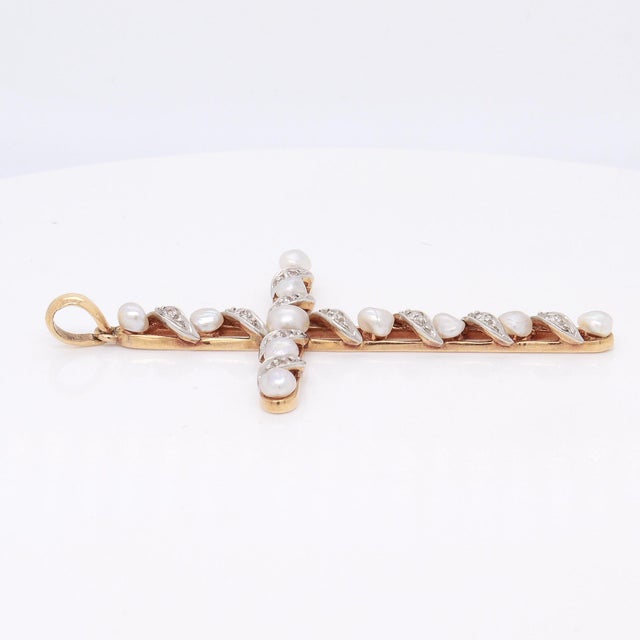 White Antique Edwardian 14k Gold, Diamond, & Baroque Pearl Cross Necklace Pendant For Sale - Image 8 of 12
