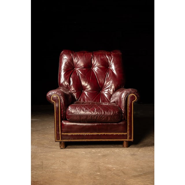 Burgundy Vintage Tufted Leather Chesterfield Armchair and Ottoman Set in Burgundy For Sale - Image 8 of 12
