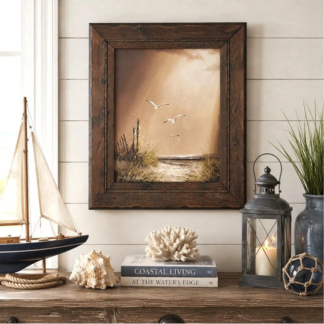 Beautiful vintage textured oil painting by artist Philip Sandee. Featuring a peaceful beach scene with weathered wooden...