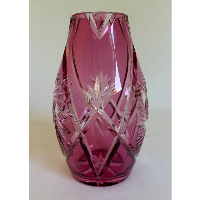 Cranberry Pink Cut-to-Clear Cased Glass Vase For Sale - Image 4 of 6