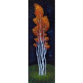 Untitled VI by Thane Gorek | Oil on Board Painting of birch trees with autumn leaves at night For Sale