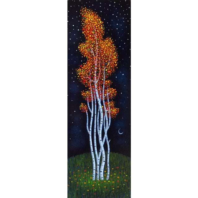 Untitled VI by Thane Gorek | Oil on Board Painting of birch trees with autumn leaves at night For Sale