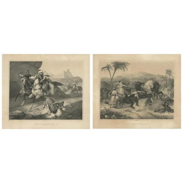 Set of two antique prints titled 'Die Beduinen I & II'. Lithographic plates depicting scenes of the Bedouin, a population...
