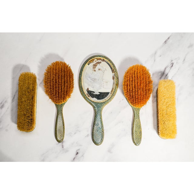 Olive Rare Antique English Shagreen Vanity Set c.1920, Goldsmiths & Silversmiths London, 5-Piece Boxed Dressing Set Brushes Mirror For Sale - Image 8 of 15
