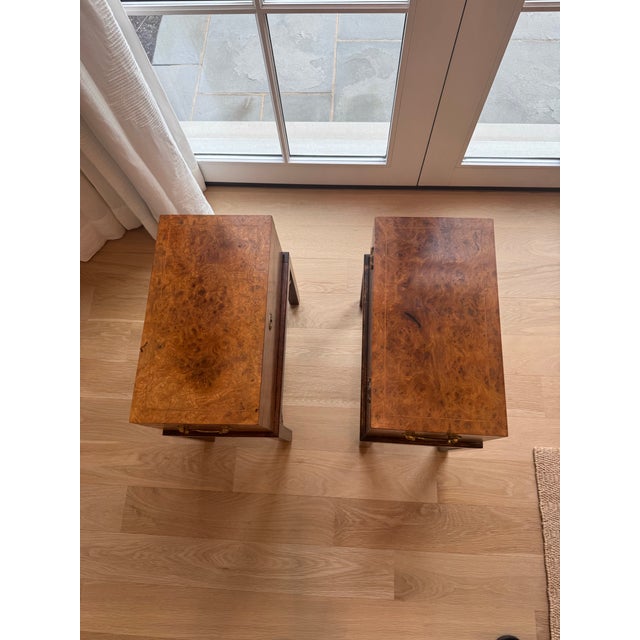 Pair of English Campaign Style Burl Wood Chests on Stands – Anglo-Asian Influence, Chicago Merchandise Mart 1991 For Sale In Chicago - Image 6 of 11