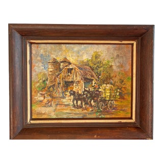 1940s Artist Uskoli Serbian Mid Century Modern , Horse and Wagon With a Barn Painting, Framed, 1940’s For Sale
