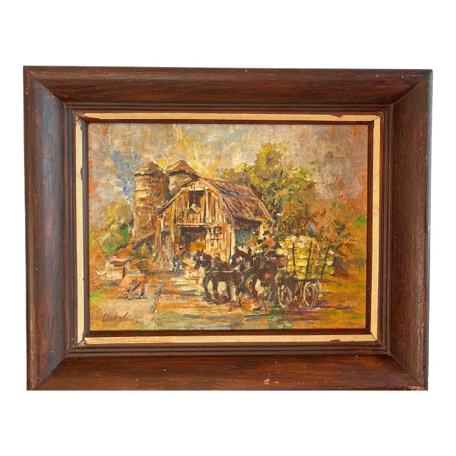 1940s Artist Uskoli Serbian Mid Century Modern , Horse and Wagon With a Barn Painting, Framed, 1940’s For Sale
