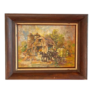 1940s Artist Uskoli Serbian Mid Century Modern , Horse and Wagon With a Barn Painting, Framed, 1940’s