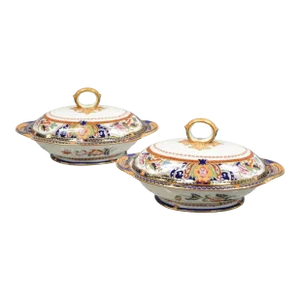 19th Century English Ironstone Diamond Patent Covered Vegetable Soup Tureens - a Pair