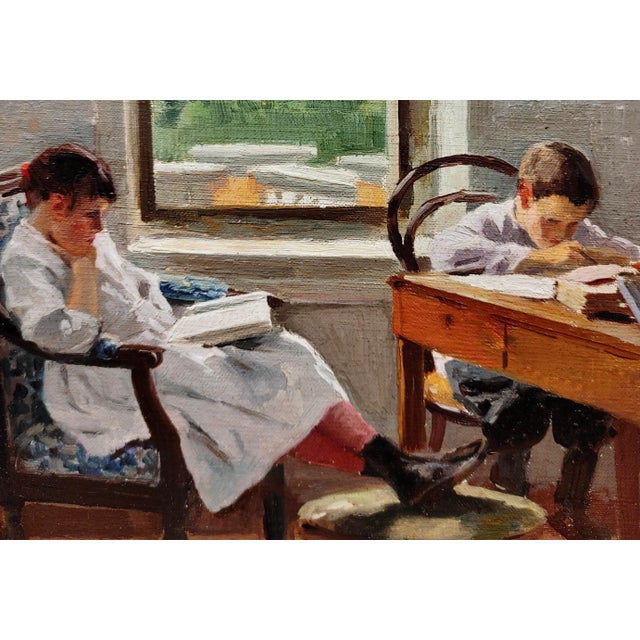 Alexi Stepanov -Children Doing Homework by the Window-Oil Painting C.1910s For Sale - Image 4 of 11