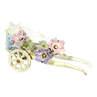 1890s French Majolica Wagon with Barbotine Décor of Pastel Flowers For Sale