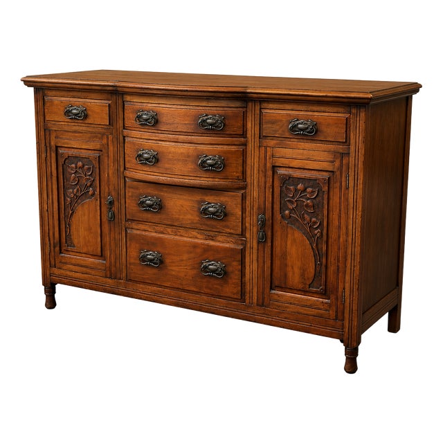 English Edwardian Art Nouveau Walnut Sideboard with Hand-Carved Floral Panels, 1900s For Sale