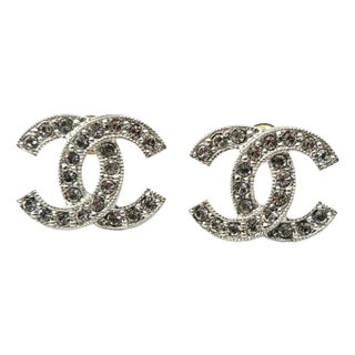 Chanel Classic Silver CC Crystal Reissued Piercing Earrings - 2 Pieces For Sale
