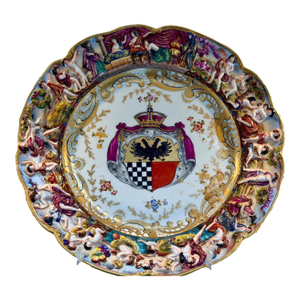 Antique 19c German Porcelain Black Eagle Armorial Crest Plate W Capodimonte Mark