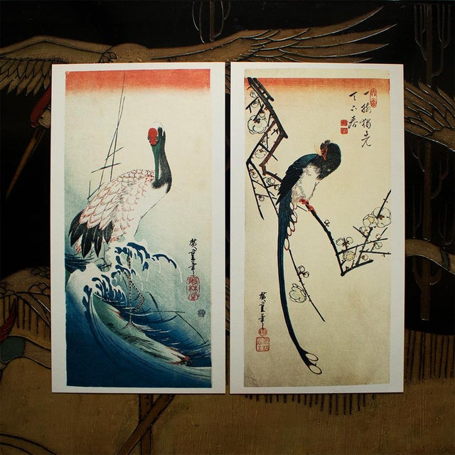 A beautiful circa 1980s reproduction of Utagawa Hiroshige woodblock prints - Crane Over the Surf Above The Rocks and Long-...