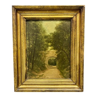 Antique French 19th-Century Oil on Board Landscape Painting in Giltwood Frame For Sale