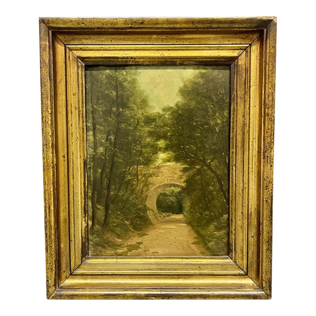 Antique French 19th-Century Oil on Board Landscape Painting in Giltwood Frame For Sale