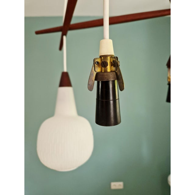 Scandinavian Chandelier in Teak and White Opaline Glass, 1960s For Sale - Image 17 of 18