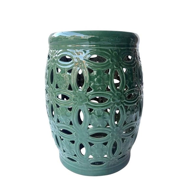 French Duluth Dark Teal Glaze Interlocking Rings Garden Stool For Sale - Image 3 of 3