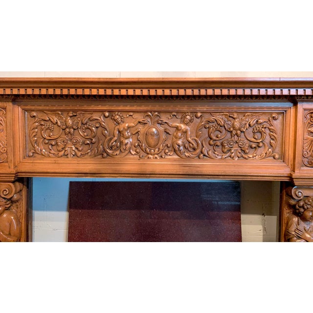 Late 19th Century Renaissance Revival Style Carved Oak Mantel With Eagles, Rams Heads, Mermaids, Cherubim and "Green Men" For Sale - Image 5 of 9